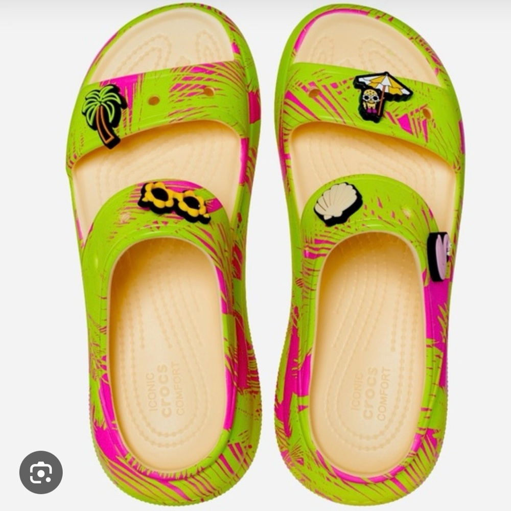 CROCS Platform Chunky Comfort Pink and Green Shoe, Size 8